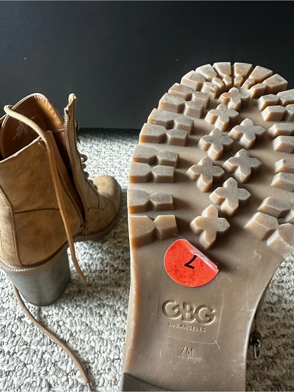 GBG Los Angeles Camel Lace-Up Lug Heel Ankle Boots